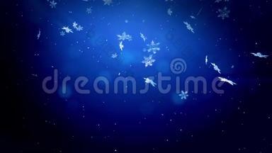 闪亮的3d雪花在蓝色背景下在空中飞舞。 用作圣诞、新年贺卡或冬季动画